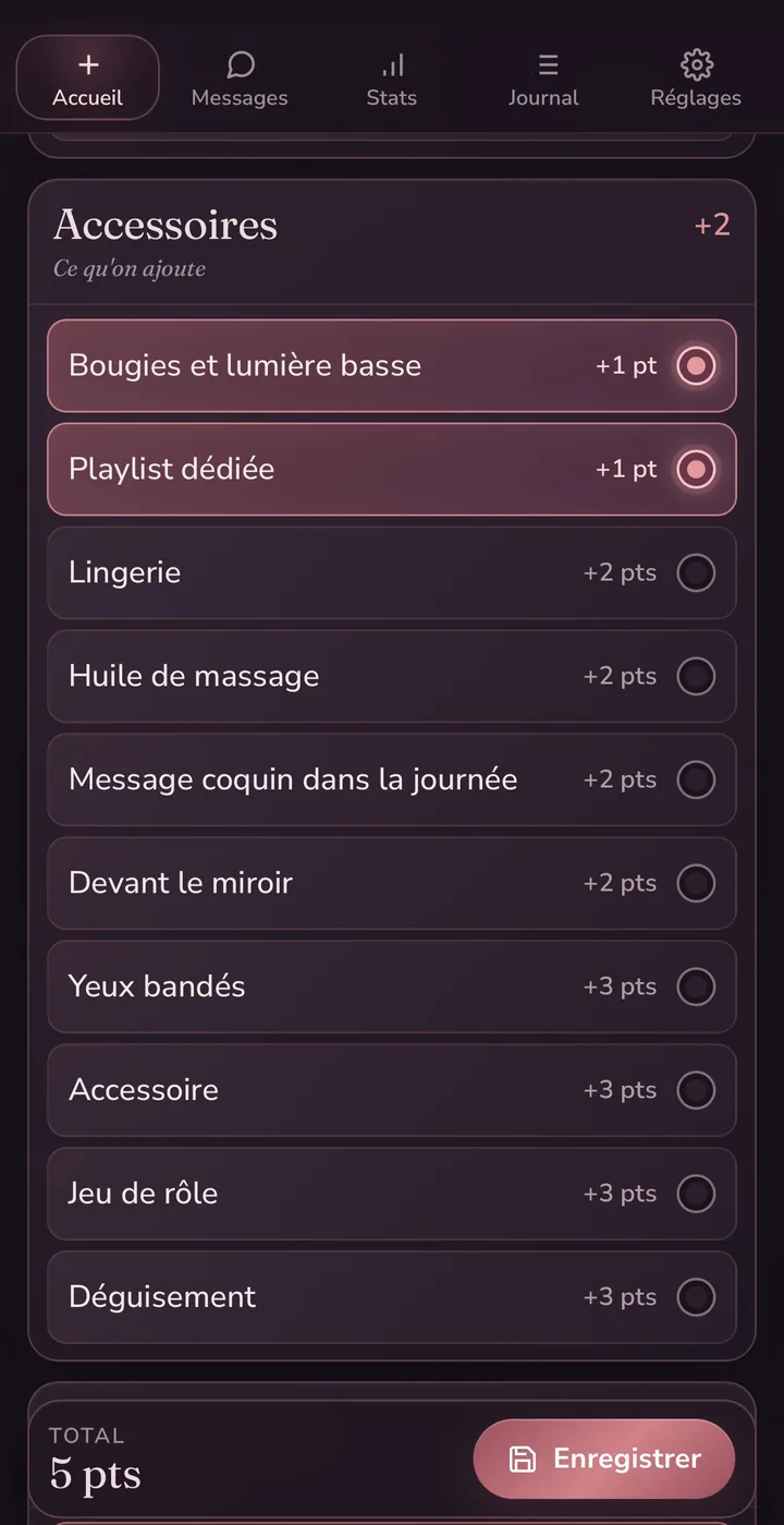 Une catégorie d'activités, Accessoires : chaque ligne vaut des points, deux sont cochées.