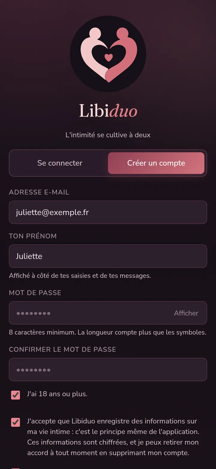 L'écran de création de compte : adresse e-mail, prénom, mot de passe et confirmation de majorité.