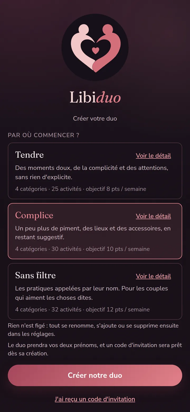 La création du duo : choix d'une liste d'activités de départ, de la plus tendre à la plus explicite.