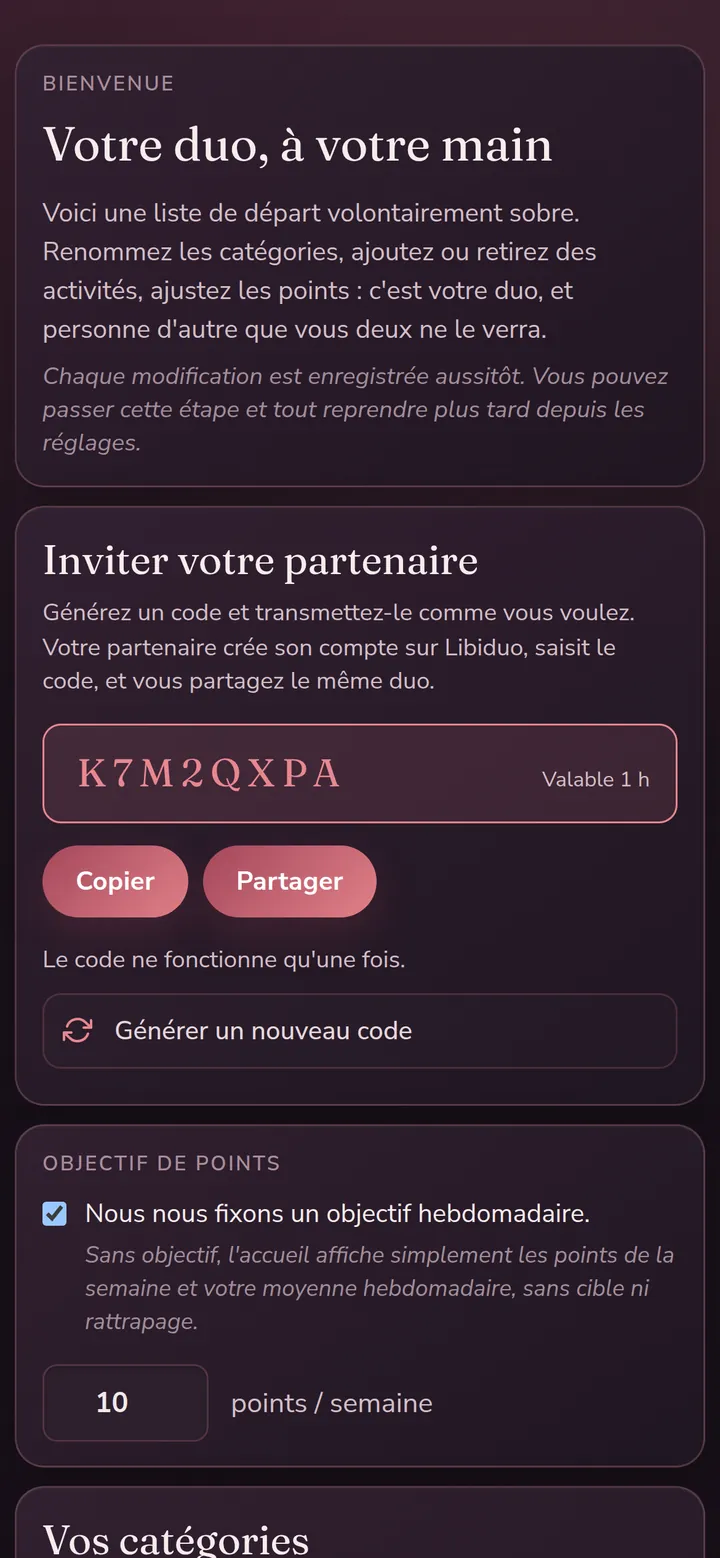 L'invitation du partenaire : un code de huit caractères, à copier ou à partager, valable deux heures.