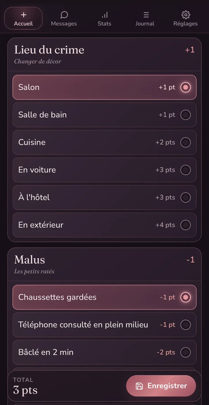 Les catégories Lieu du crime et Malus : les malus retirent des points, le total s'affiche en bas.